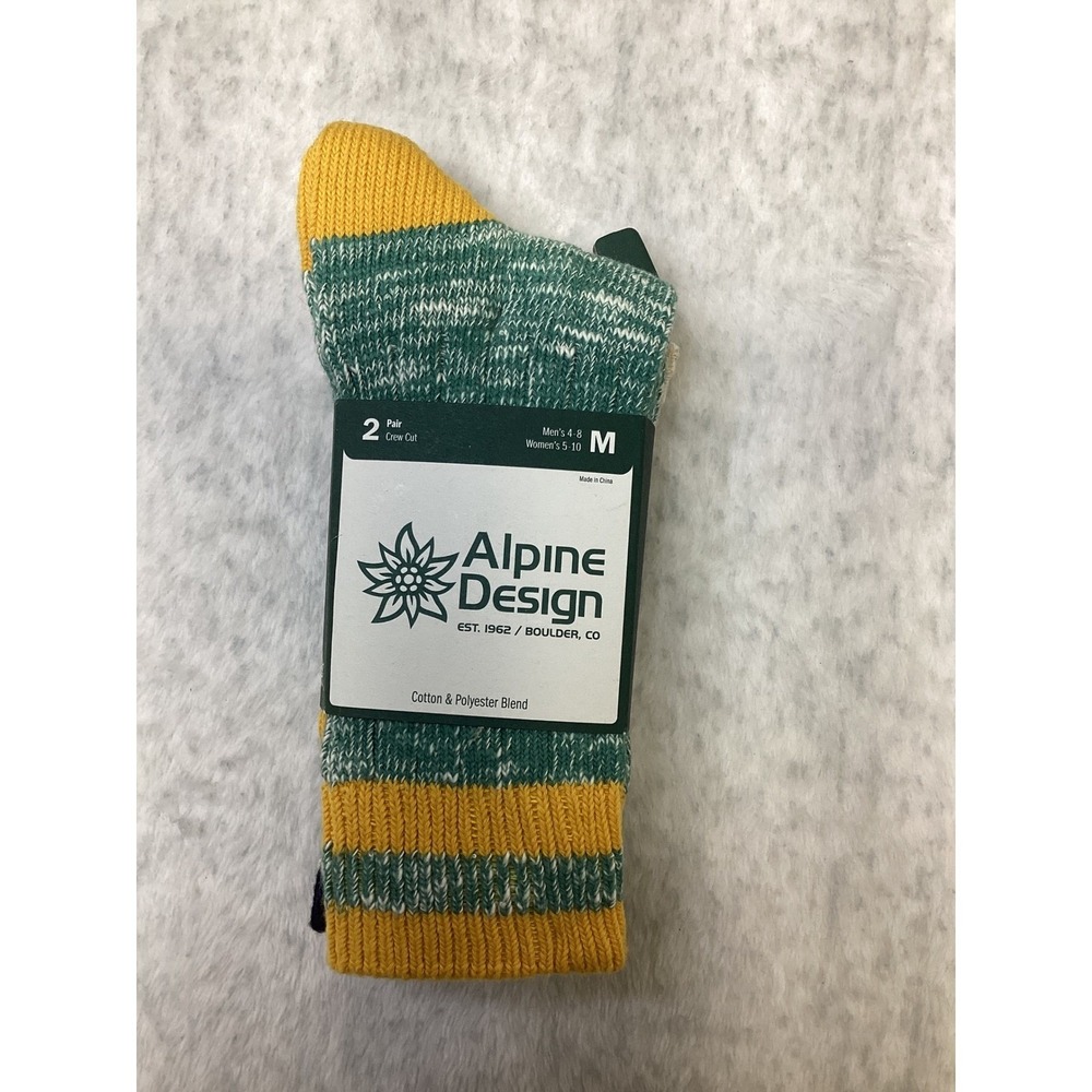 Alpine Design 2 Pair Ragg Hiker Crew Socks Green Yellow Navy Medium NWT….